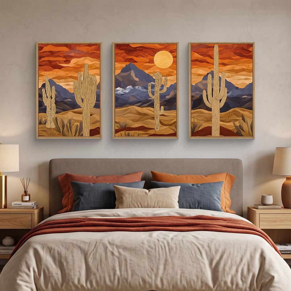 Mountains Desert Framed Canvas Wall Art Set, Abstract Sun Art Prints, Modern Cactus Paintings Artwork, Mid Century