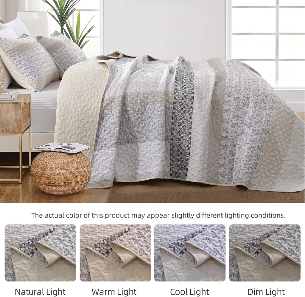 Beige Quilt King, Bohemian Stripe Quilt Sets 3 Pieces Boho Quilted Bedspread Set Lightweight Microfiber Coverlet