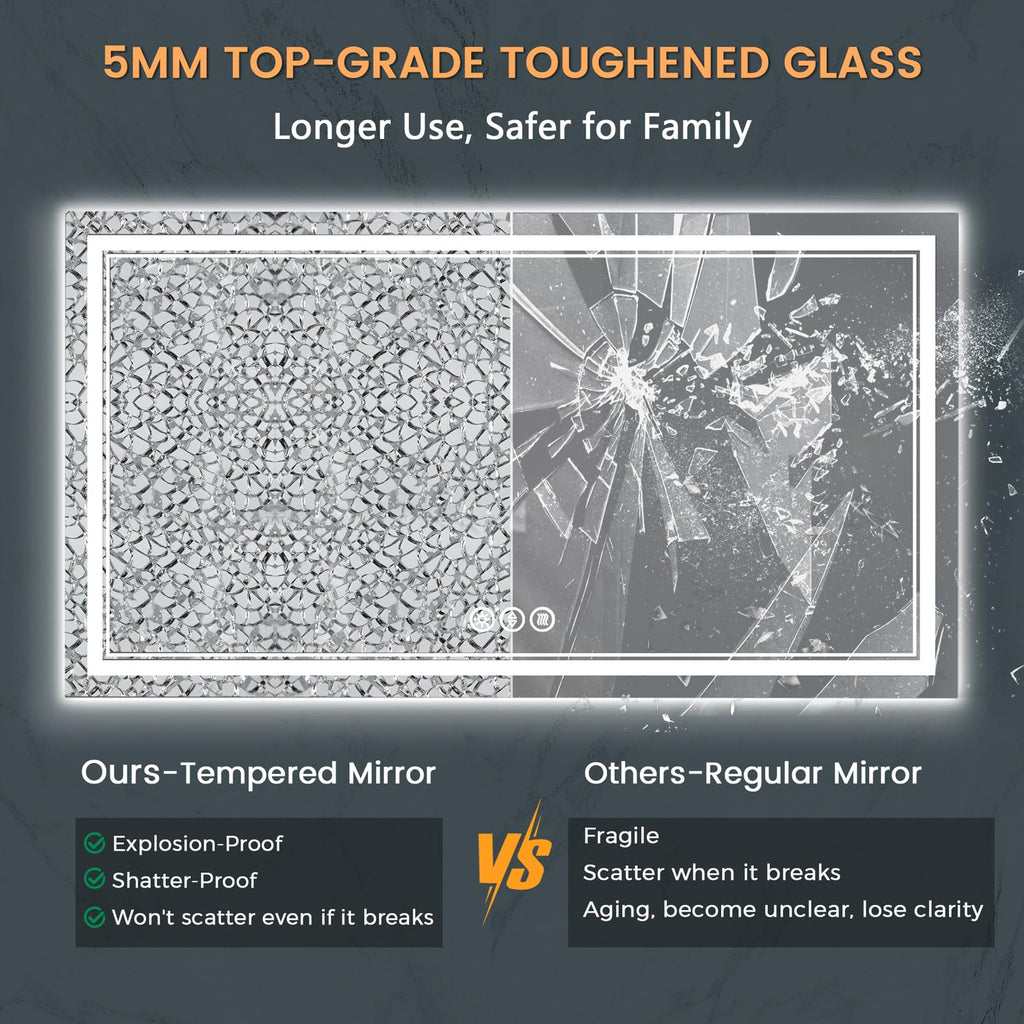 55x30 Inch Lighted Bathroom Mirror for Wall, Tempered Glass Smart Led Bathroom Mirror with Anti-Fog, Stepless