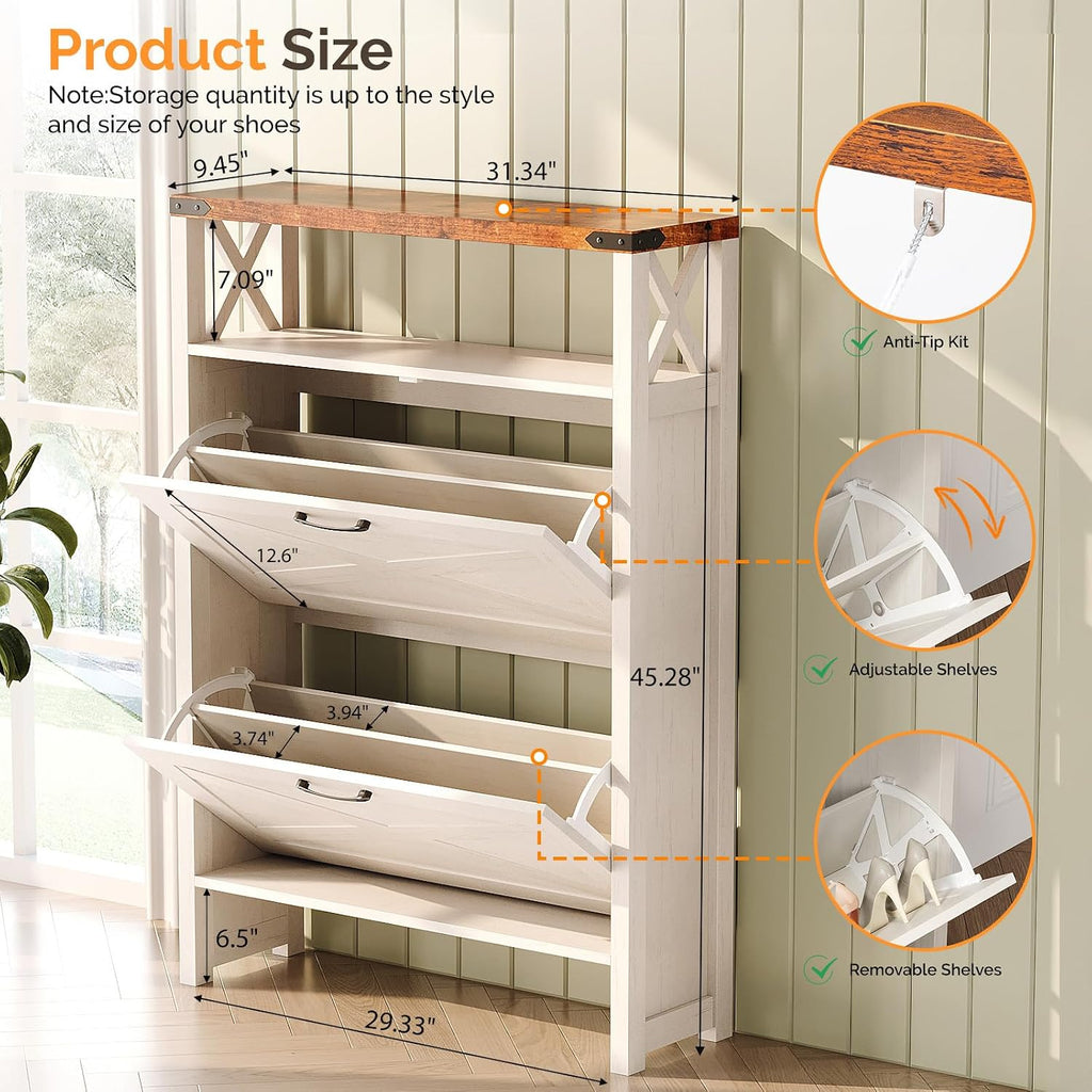 Farmhouse Shoe Cabinet with 2 Flip Drawers, Slim Entryway Shoe Storage Organizer with Open Shelf, Freestanding Wood