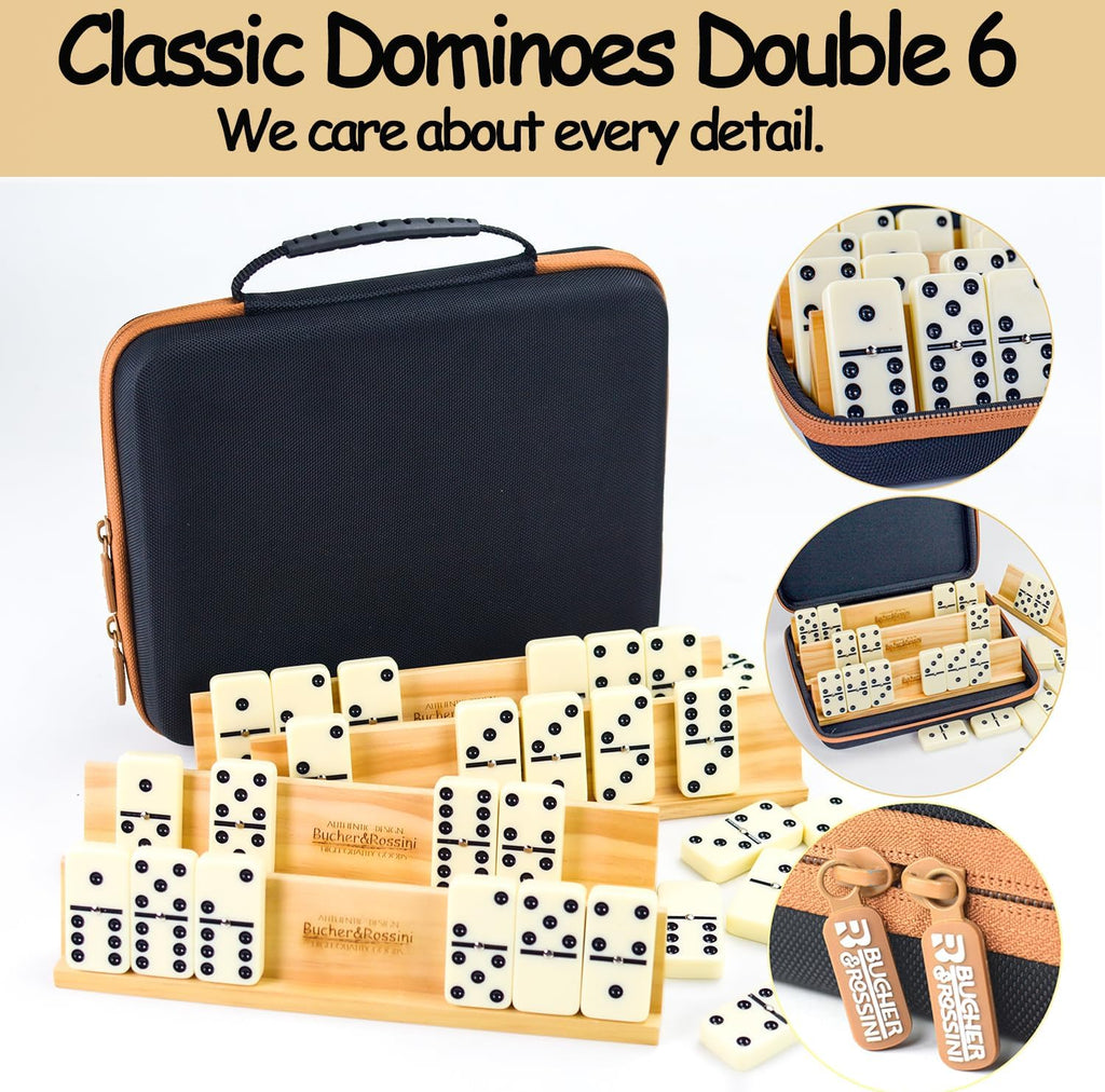 Dominos Set for Adults with 4 Domino Racks Double Six Dominoes Set in Portable Case with 4 Wooden Domino Holders - Set of 4