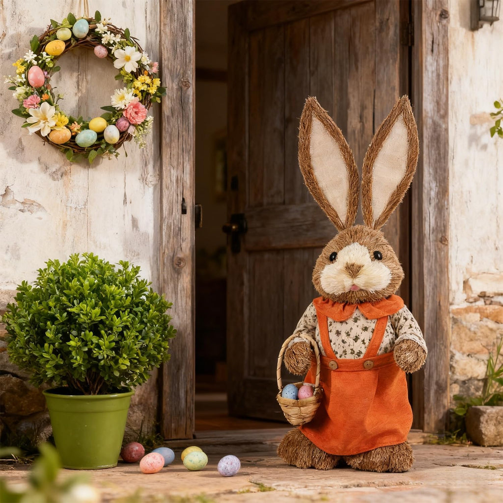 Easter Bunny Decor, 32"(2.6FT) Large Standing Sisal Rabbit Figurine, Handmade Easter Straw Mrs. Bunny Statues, Cute
