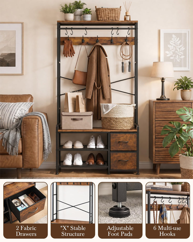 Hall Tree with Bench and Shoe Storage, Rustic Brown