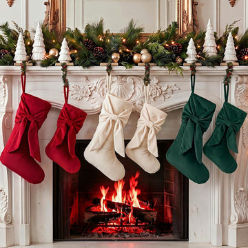 6 Pcs Velvet Christmas Stockings with Bow Red Green Beige 15, 18 in