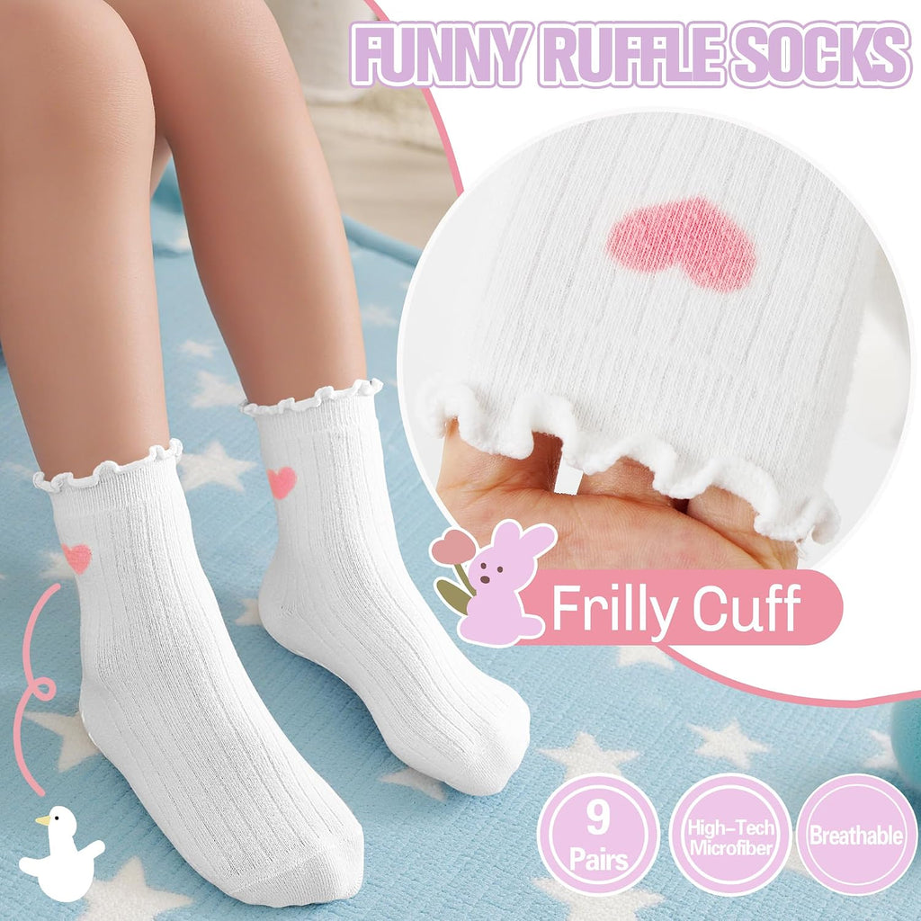 Baby Girls Toddlers Ruffle Grip Socks for Kids Non Slip Anti Skid Frilly Cute Funny Cotton Crew Socks 9 Pairs