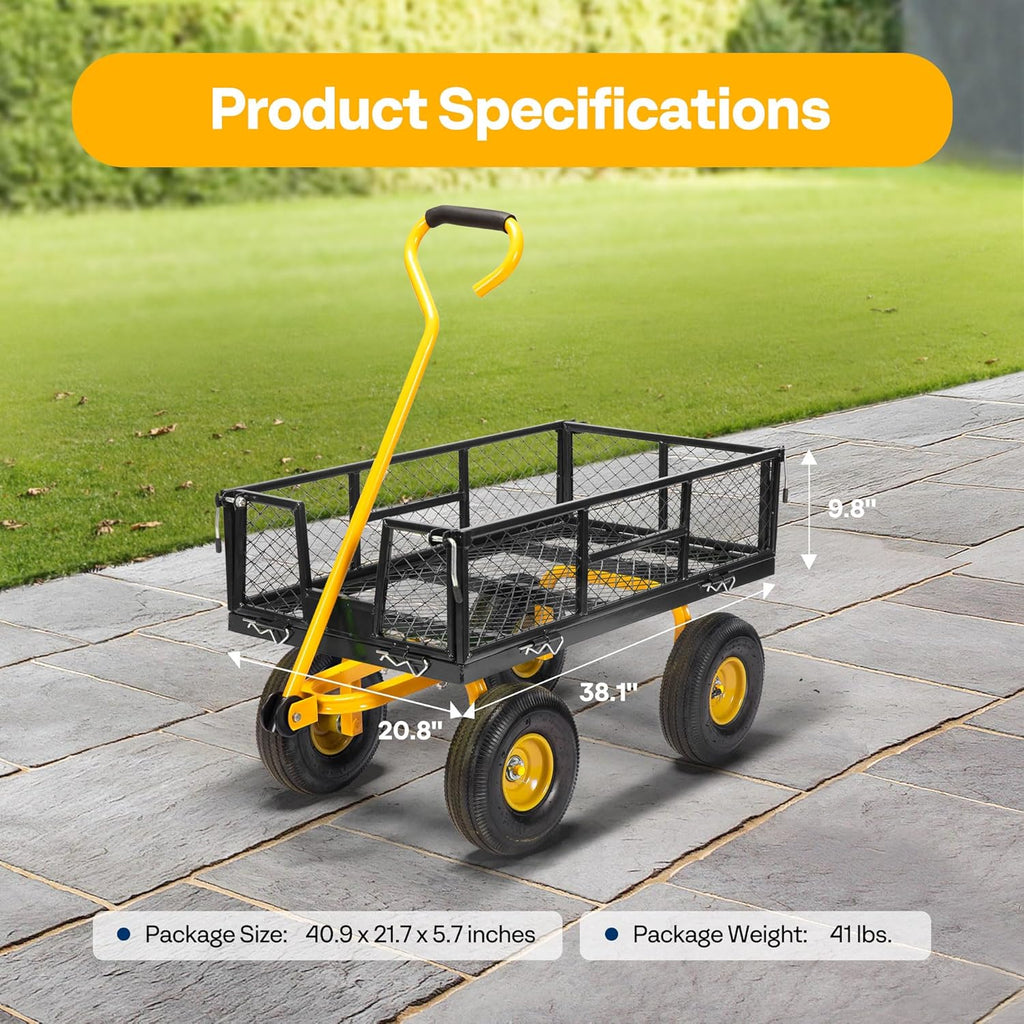 Heavy Duty 880 Lbs 4.5 Cu Ft Mesh Steel Garden Cart Utility Wagon | Removable Sides and 4.10/3.50-4" Wheels 10 inch