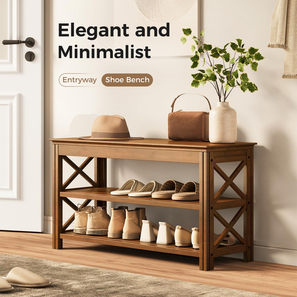 Shoe Rack Bench with Storage 3 Tier Bamboo Shoe Bench Entryway Rustic Solid Wood Entryway Bench (X-Brown, 31.5")