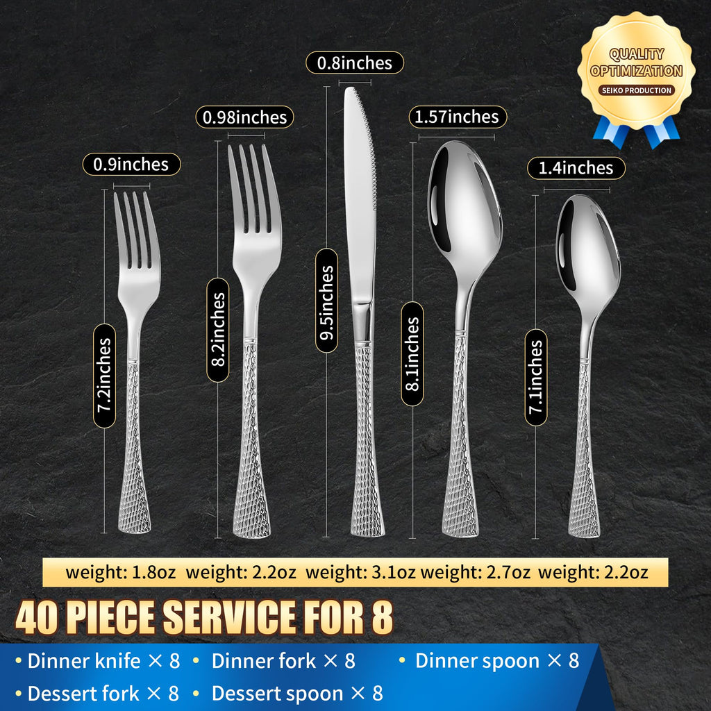 Hammered Silver Silverware Set for 8,Stainless Steel 40-Piece Modern Cutlery Set,Mirror Polished Heavy Duty Flatware