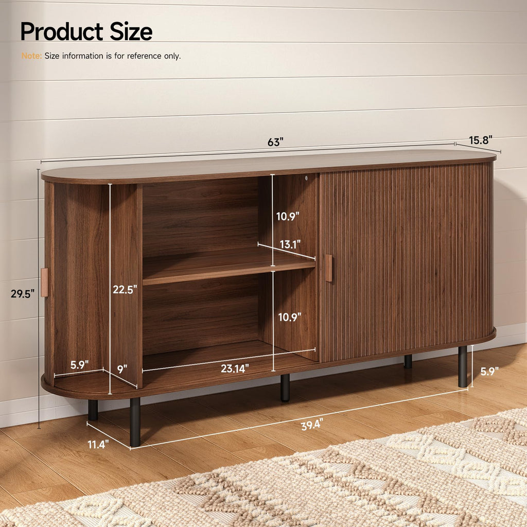 63" Sideboard Buffet Cabinet, Sliding Door/Adjustable Shelf, Walnut