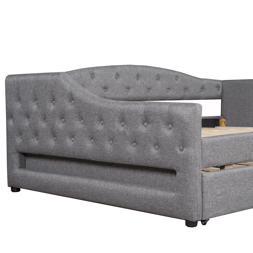 Full XL Upholstered Daybed with LED Lights, Corner Daybed Frame with Trundle, Linen, Gray