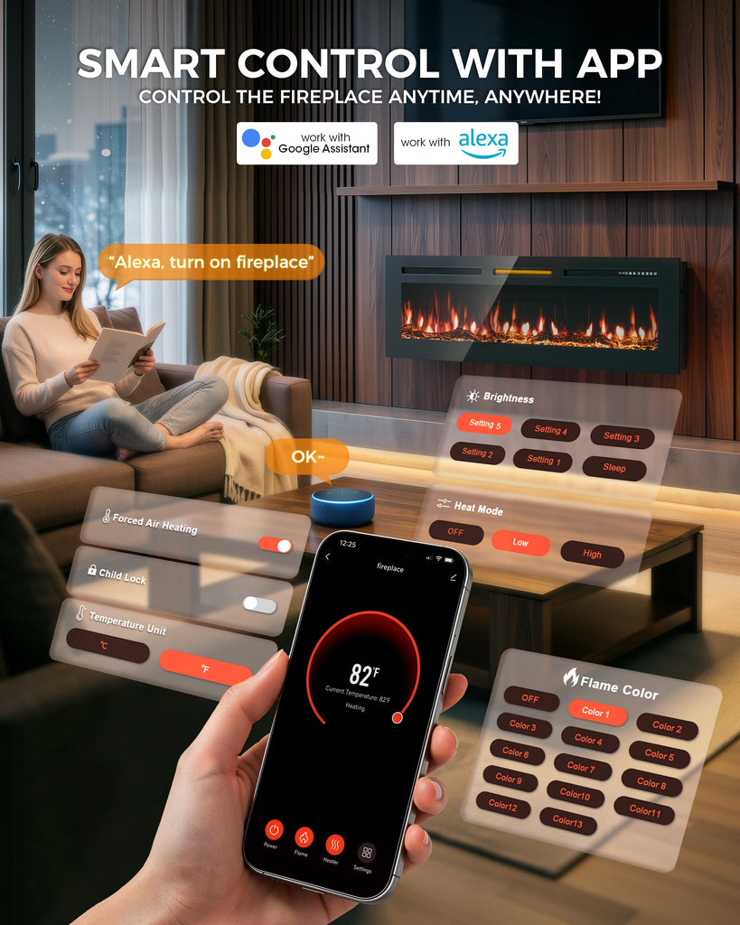 50" Smart WiFi Electric Fireplace Heater, Recessed Wall Mounted