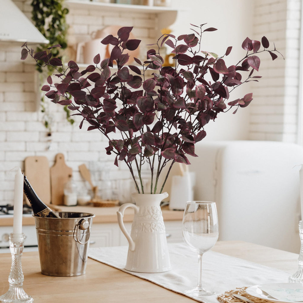 5PCS Artificial Fall Eucalyptus Leaves Stem Plants, 32.7 inch Fake Leaves Autumn Greenery Branches Burgundy Shrubs
