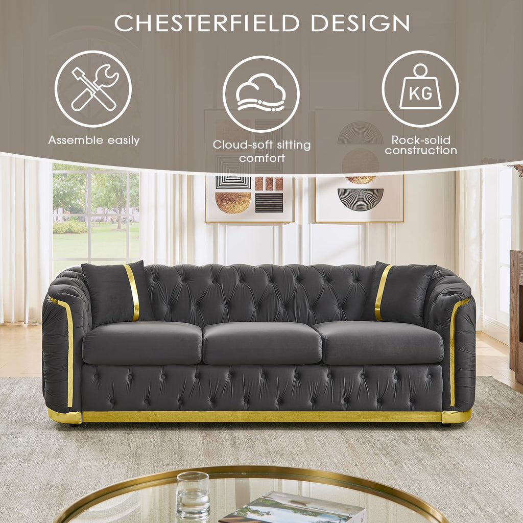 2 Piece Luxury Chesterfield Sofa Set, Tufted Grey and Gold Couch and Loveseat Sets with Golden Decor & 4 Pillows, Mid