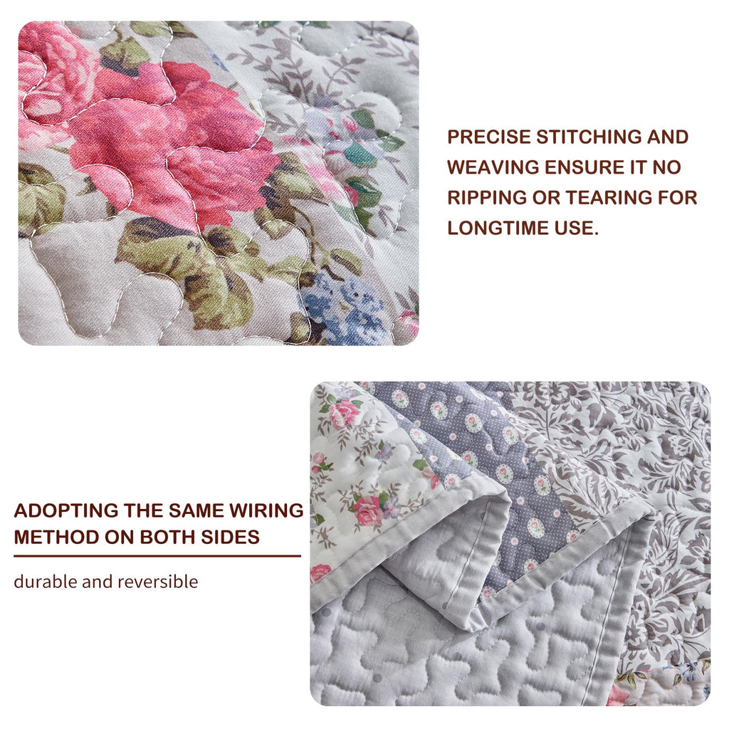 Floral Cotton Quilt Set, Neutral Flowers Grid Patchwork Design, 2 Pieces Quilt Bedding Set, Farmhouse