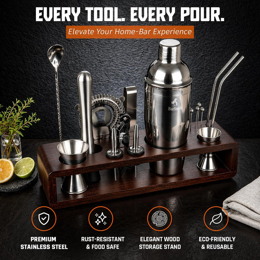 Bartender Kit: 17-Piece Bar Tool Set with Elegant Bamboo Stand, Ideal Home Bartending Kit and Cocktail Shaker Set - Set of 17