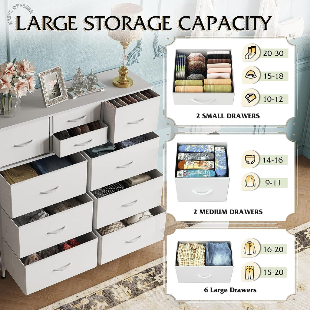 10 Drawer White Fabric Dresser , Side Pockets Chest | White Fabric chest of drawers with side pockets & hooks