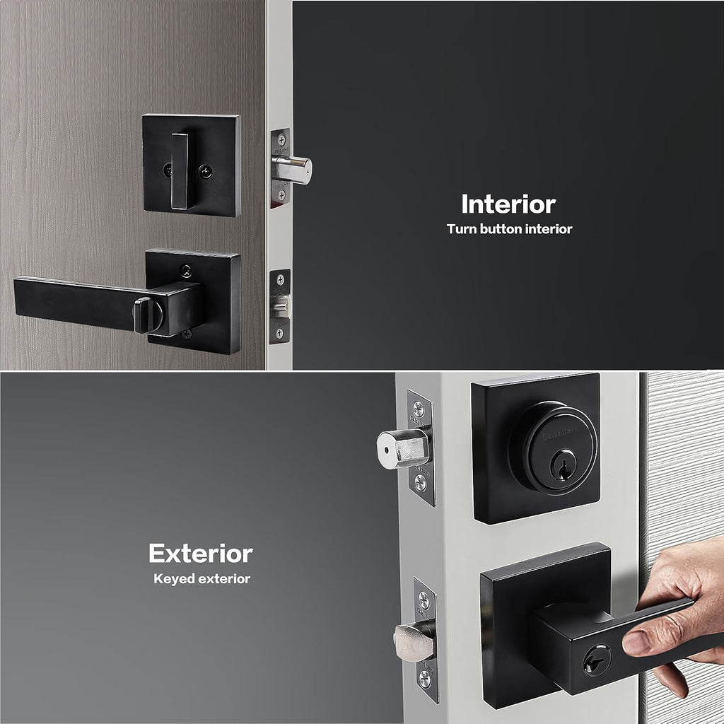 Exterior Door Lock Set with Deadbolt, Front Door Handle Set with Deadbolt, Door Levers Single Cylinder Deadbolt Set