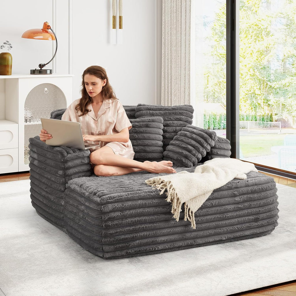 56" Oversized Chaise Lounge Chair Indoor,Plush Faux Fur Sleeper Sofa Couch Bed with Pillows&Wide Armrests,Fluffy