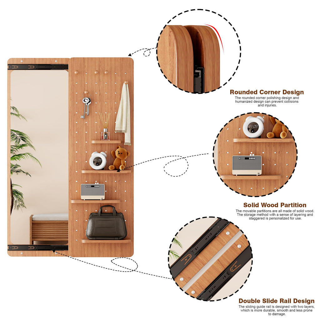 Wall Mounted Full Length Mirror with Storage Shelf and Hooks