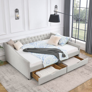 Queen Size Upholstery Daybed with 2 Drawers and Headboard, Mid-Century Style Tufted Sofa Bed with Button on Back