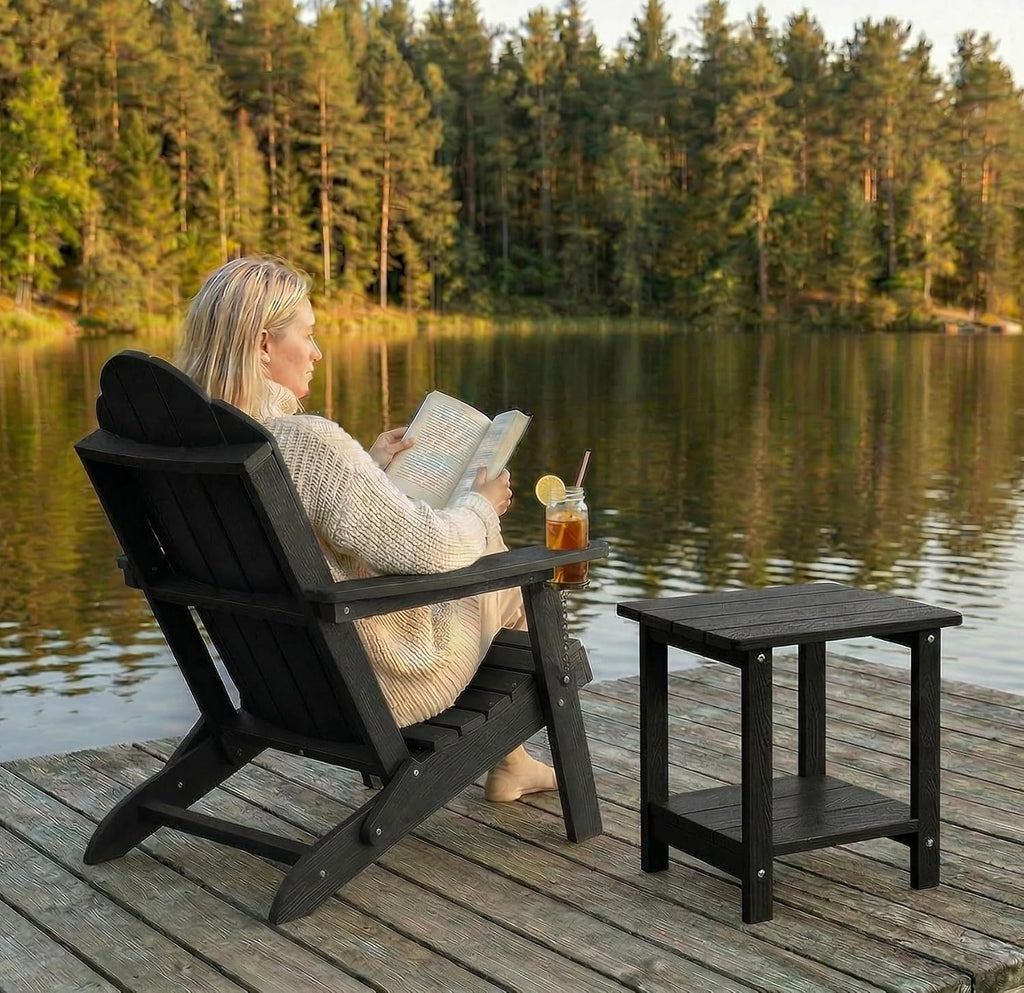 HDPE Folding Adirondack Chair, Cup Holder, Set of 2, Black | HDPE poly lumber, folable, all-weather resistant, Low