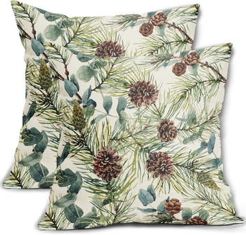 Winter Floral Pillow Covers 18x18 Inch , Green Watercolor Flower Leaf Print Rustic Themed Christmas - Set of 2