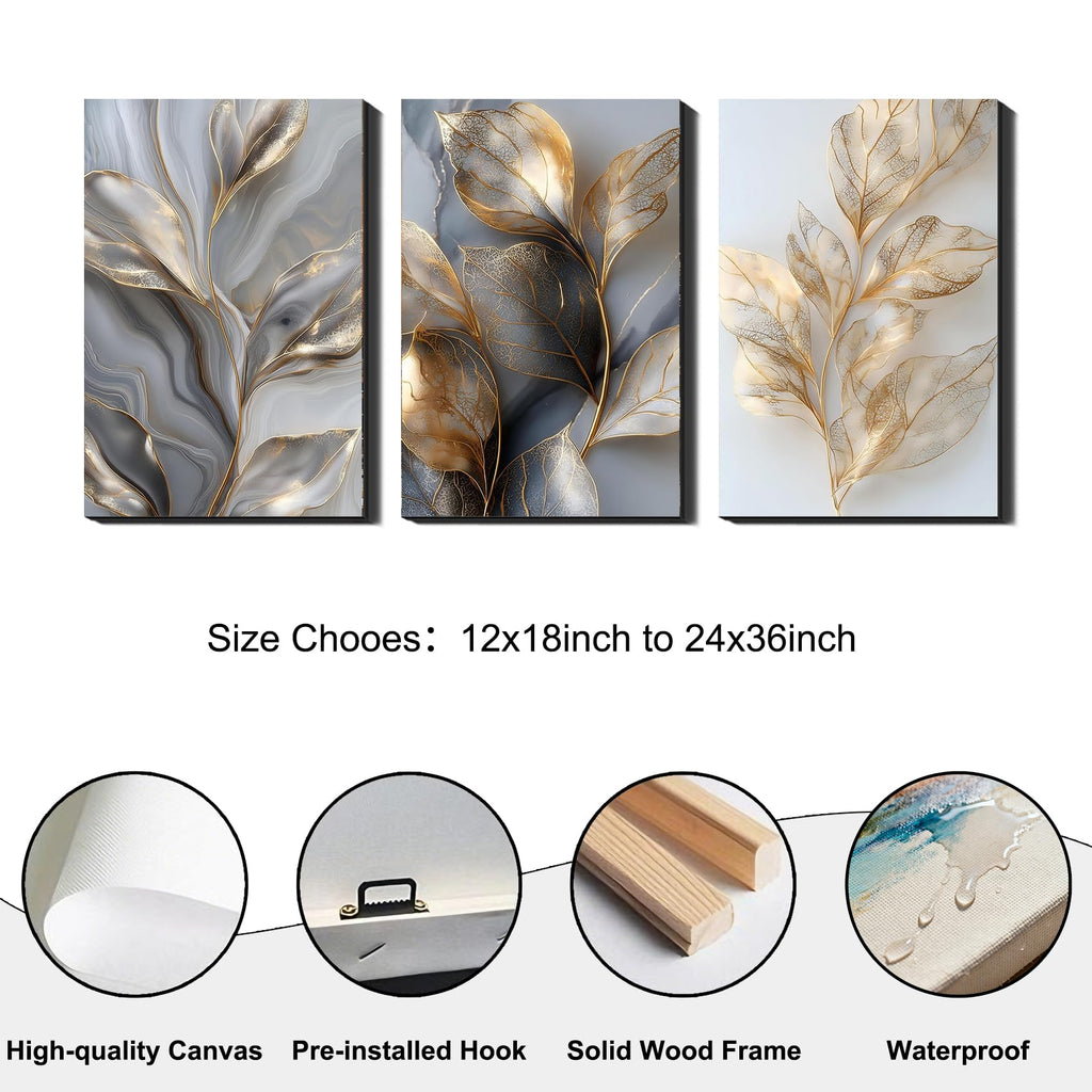 3 Pc Large Wall Art - Gold Leaf Marble Abstract Decor, Luxury Textured Prints, Oversize Elegant Wall Art, Framed