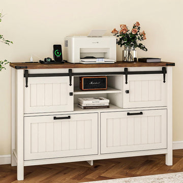 Farmhouse File Cabinet , White Printer Stand | Office Credenza Storage Cabinet,Sliding Barn Doors & 2 Large File