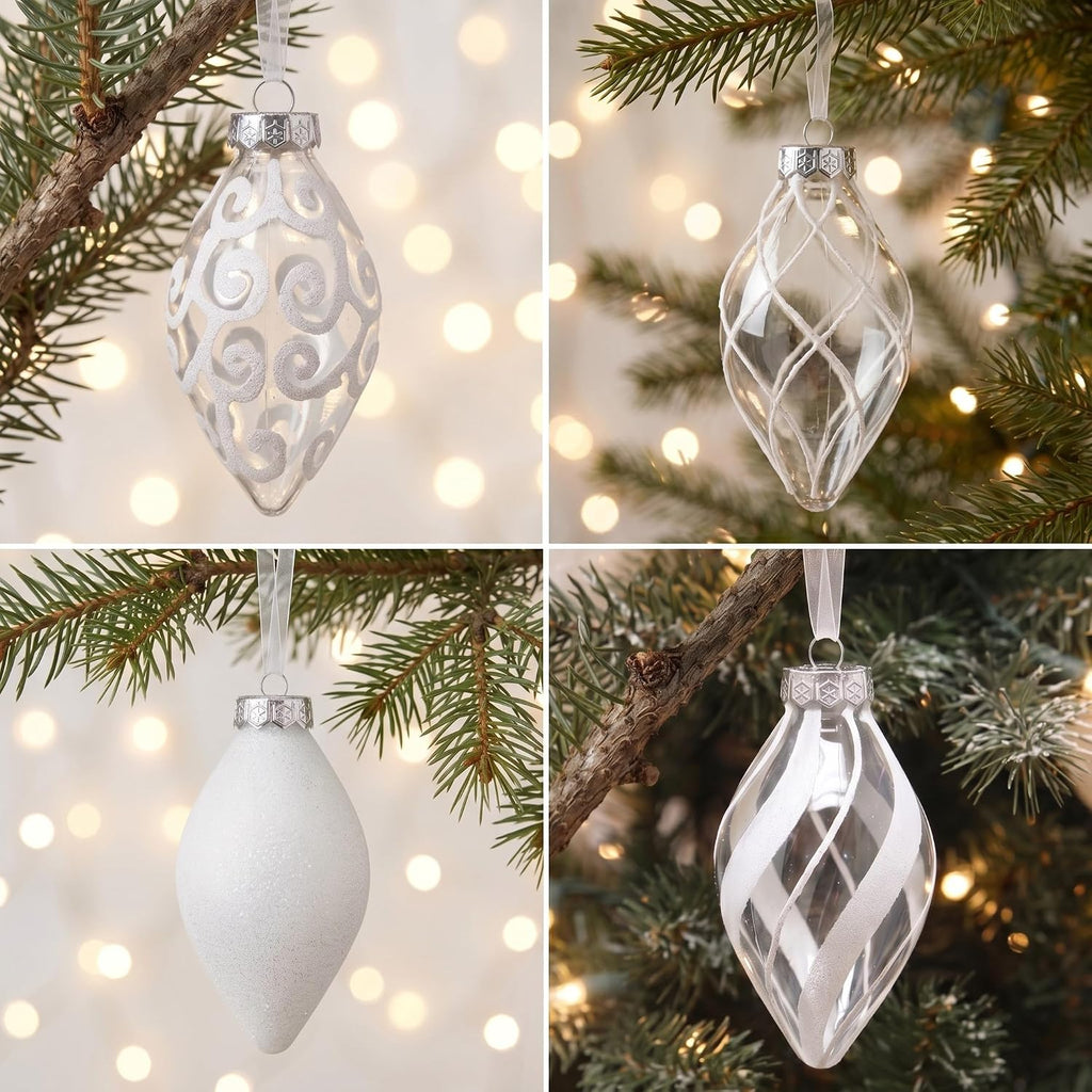 White Christmas Ornaments Set for Tree Decorations, Teardrop Finial