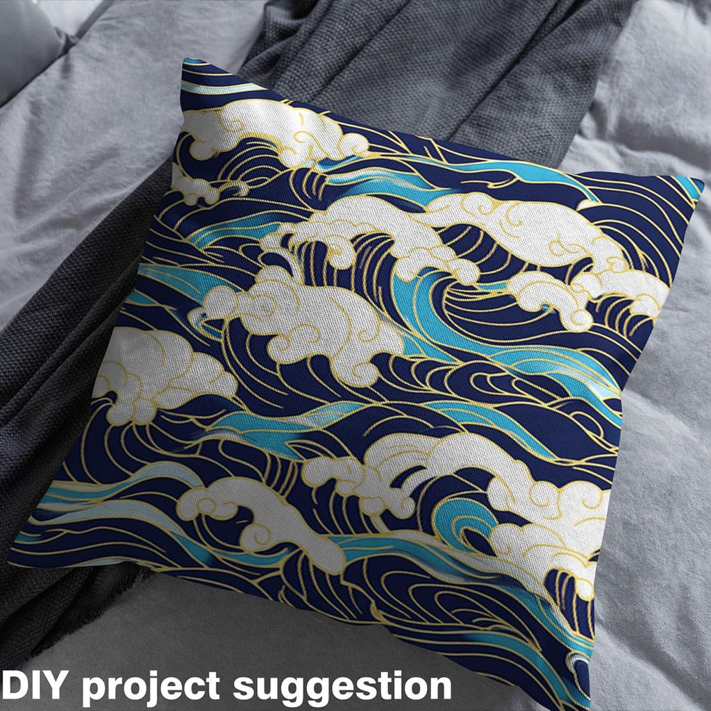 Cartoon Sea Wave Fabric by The Yard Japanese Ukiyoe Decoration No Stretch Fabric for Handmade Supplies Blue Golden