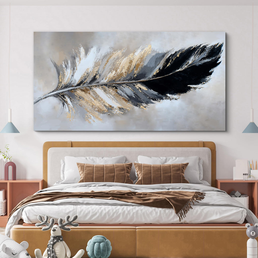 Black Gold Abstract Wall Art Minimalist Feather Canvas 20"X40"