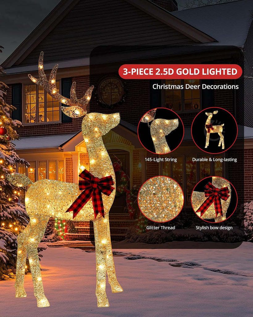 48 Inch 2.5D Lighted Christmas Deer Decorations 3-Piece Reindeer Family Set