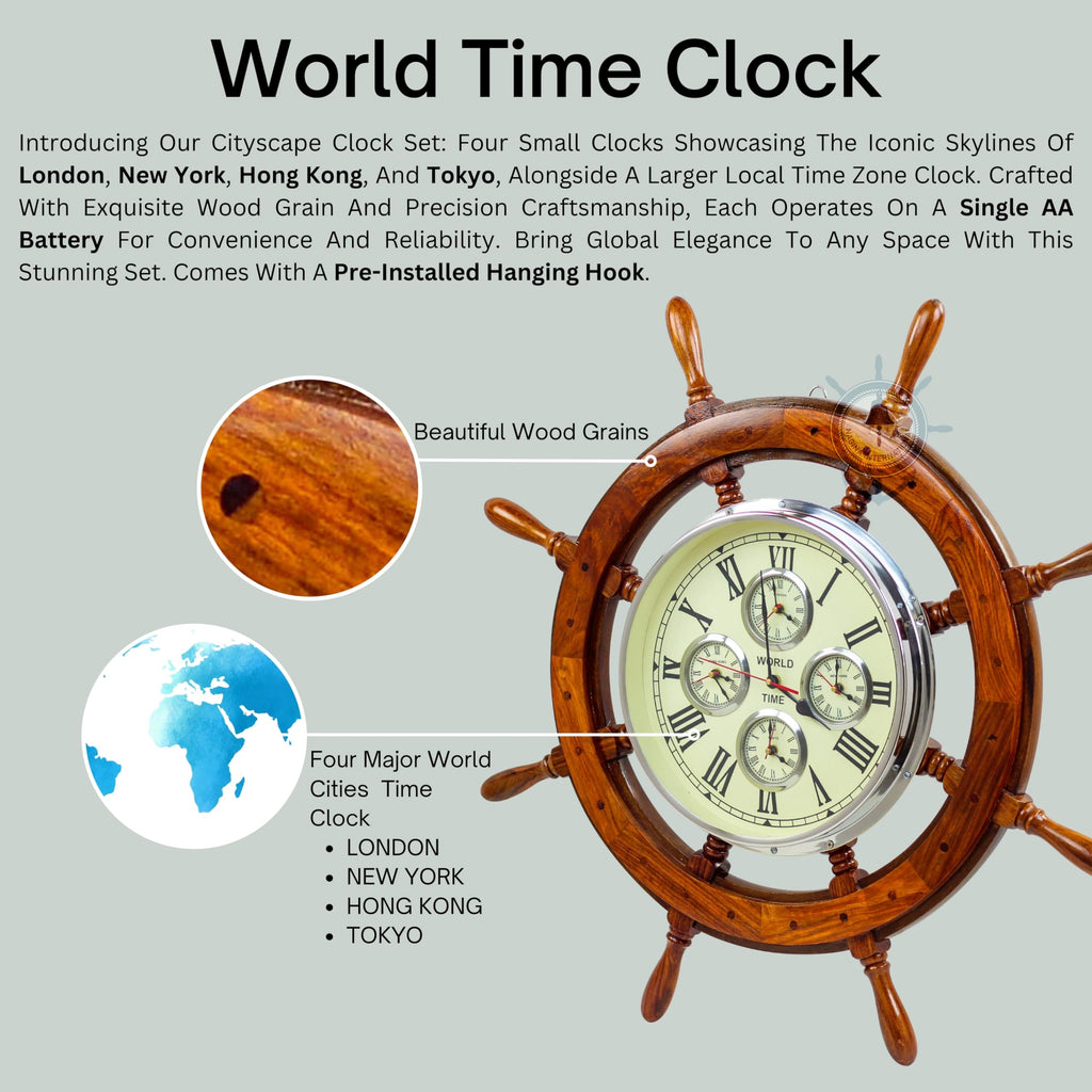 30" Premium Mahogany Crafted Large Nautical Ship's Wheel Times World Clock | Nautical Home Decor & Gifts (30 Inches
