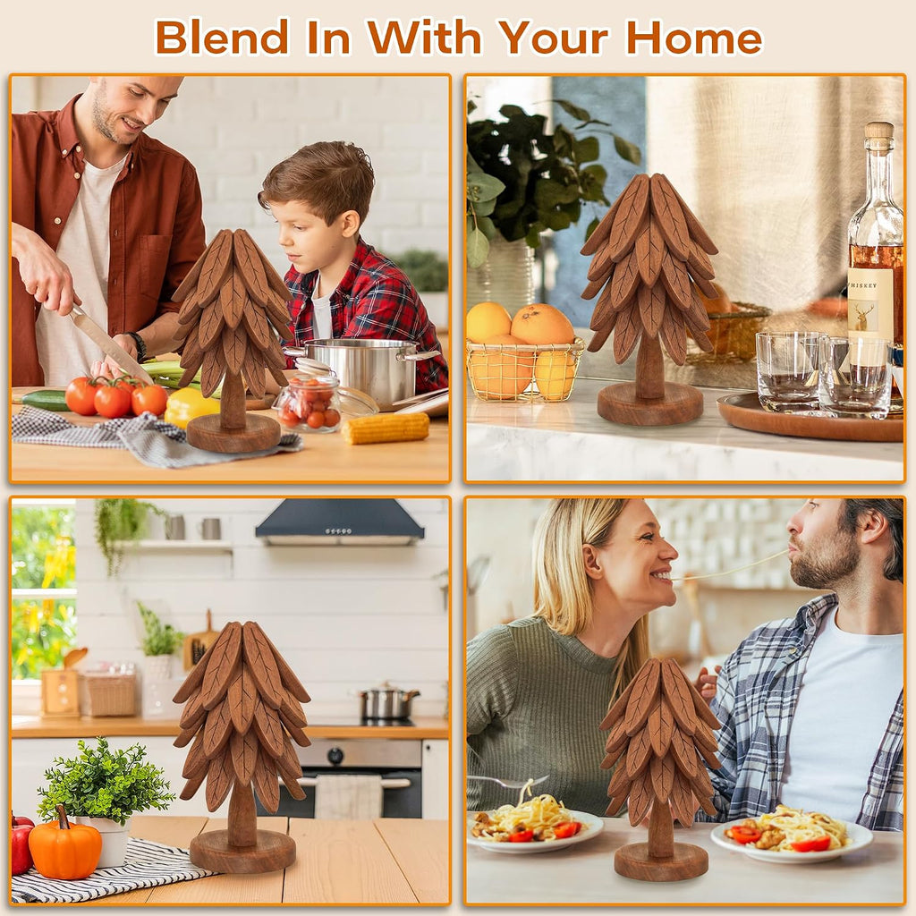 Wooden Trivets for Hot Dishes, Wooden Tree Trivet Set, Tree Coasters - of 5 + 1 Stand stored, Suited for Hots, Pans - Set of 5