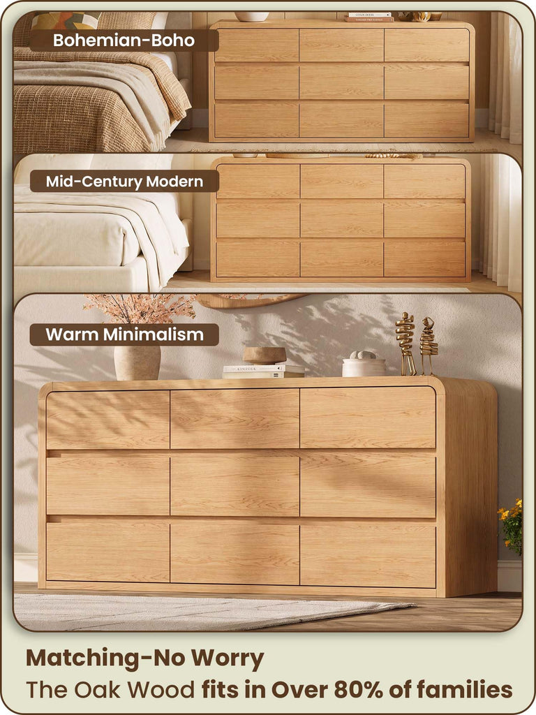 Modern 63" Wide 9 Drawers Dresser with Curved Profile Design, Oak