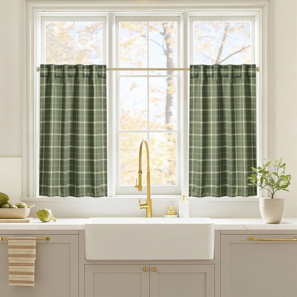Olive Green Farmhouse Gingham Tiers Kitchen 100% Blackout Curtains 36 Inches Long, Buffalo Plaid Check Half Window