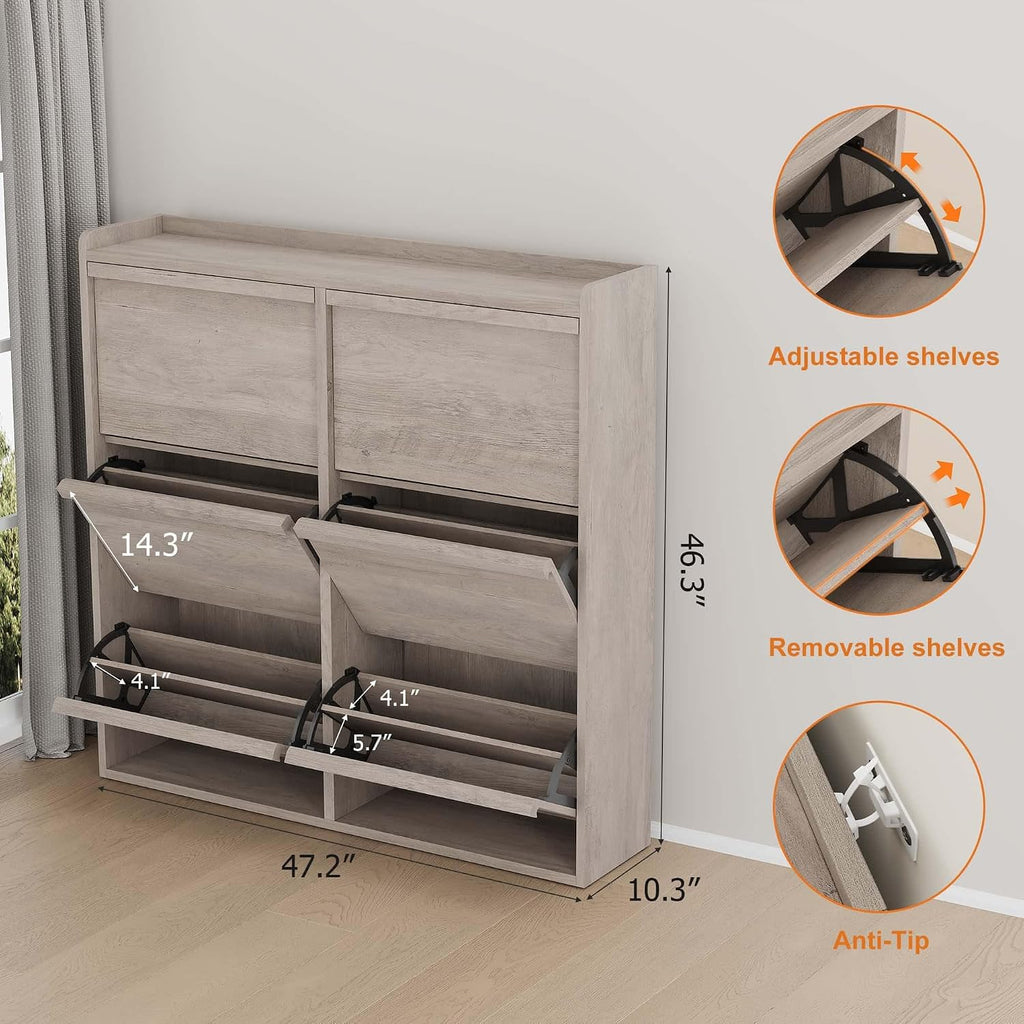 Shoe Cabinet, 6 Flip Drawers, Narrow Freestanding Shoe Organizer with Adjustable and Removable Shelves, Modern Wooden