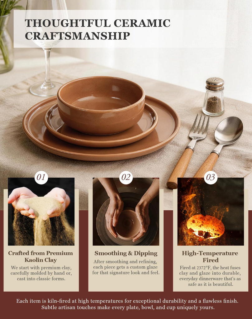 24-Piece Brown Stoneware Dinnerware Set for 6 with Mugs, Plates and Bowls Sets with Partially Unglazed Base, Scratch
