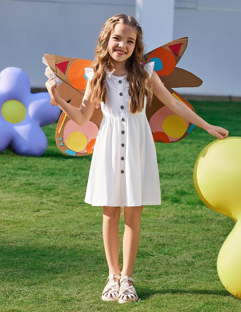 Girls Dress Flutter Sleeve Button Summer Sundress with Pockets
