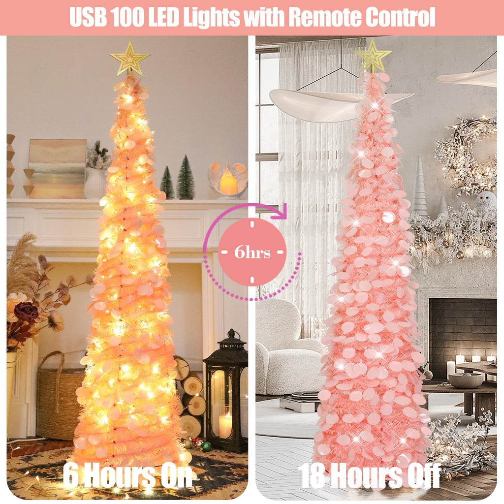 6 FT Pop Up Christmas Tree with 100 LED Timer Lights & Remote, Pink Collapsible Christmas Tinsel Tree Artificial