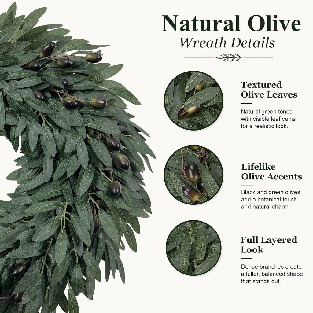 22 Inch Olive Wreath for Front Door, Spring Summer Wreaths for Front Door with Faux Grapevine Base, Artificial