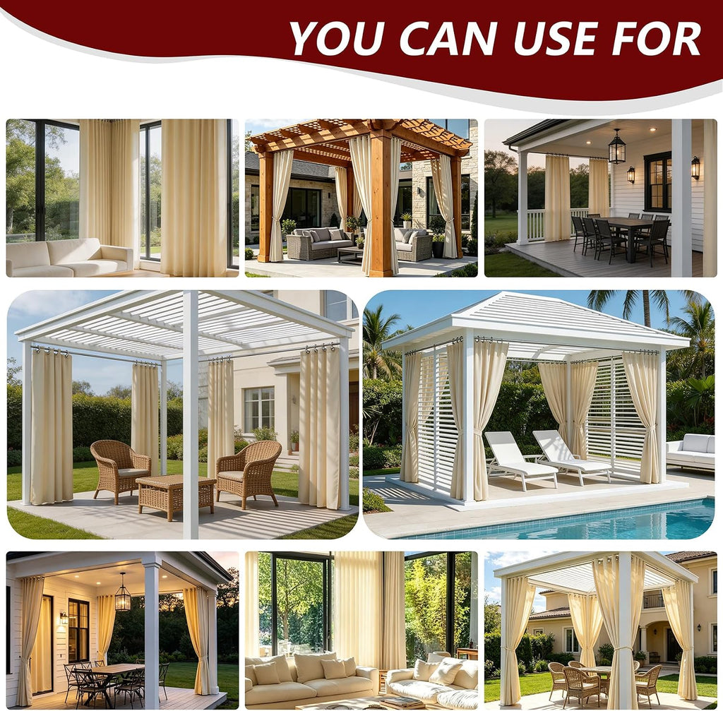 8 Panels Outdoor Curtains Waterproof - 52x84 Inches Cream Blackout Curtains, Polyester Weatherproof Privacy Drapes
