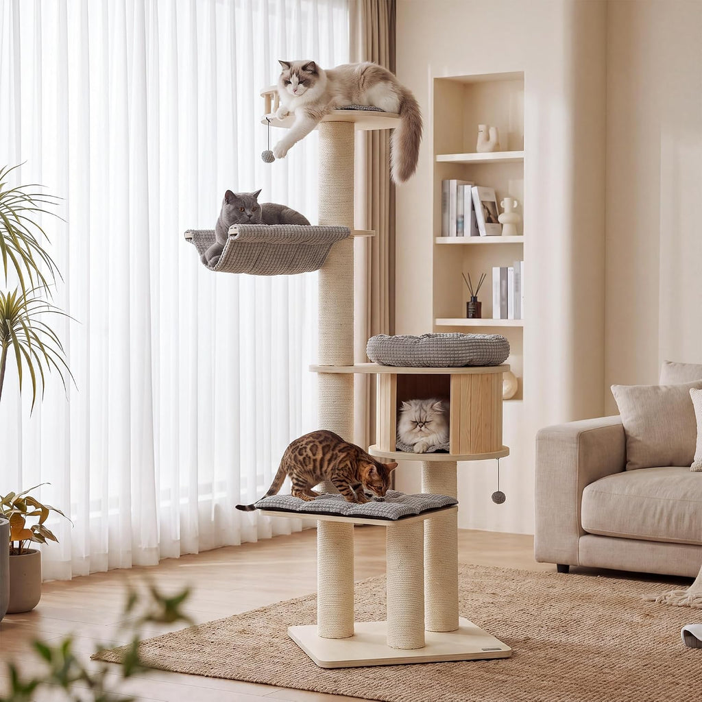 69'' Modern Cat Tree for Large Cats, Wood Cat Tree Tower with Scratching Posts, Multi-Level Cat Tree with Cozy