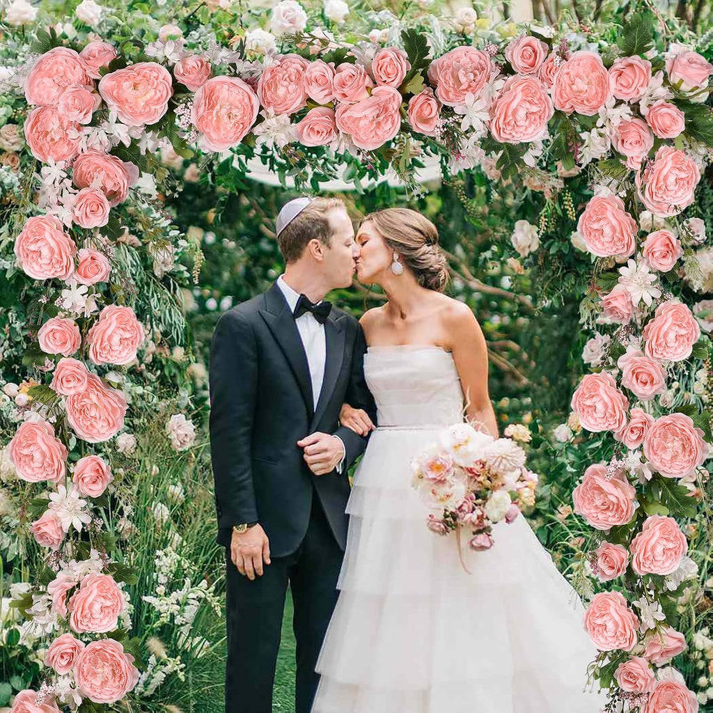 Artificial Peony Flower Garland - Silk Peony Garland with Pink Flowers for Wedding Party Table - Set of 12