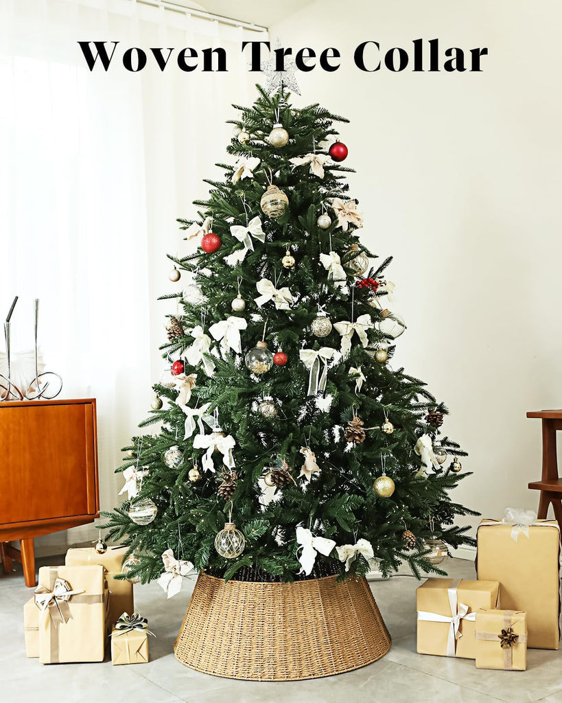 Rustic Farmhouse Christmas Tree Collar - Holiday Decorations - Natural Woven Wicker Tree Base Cover, Basket Ring for