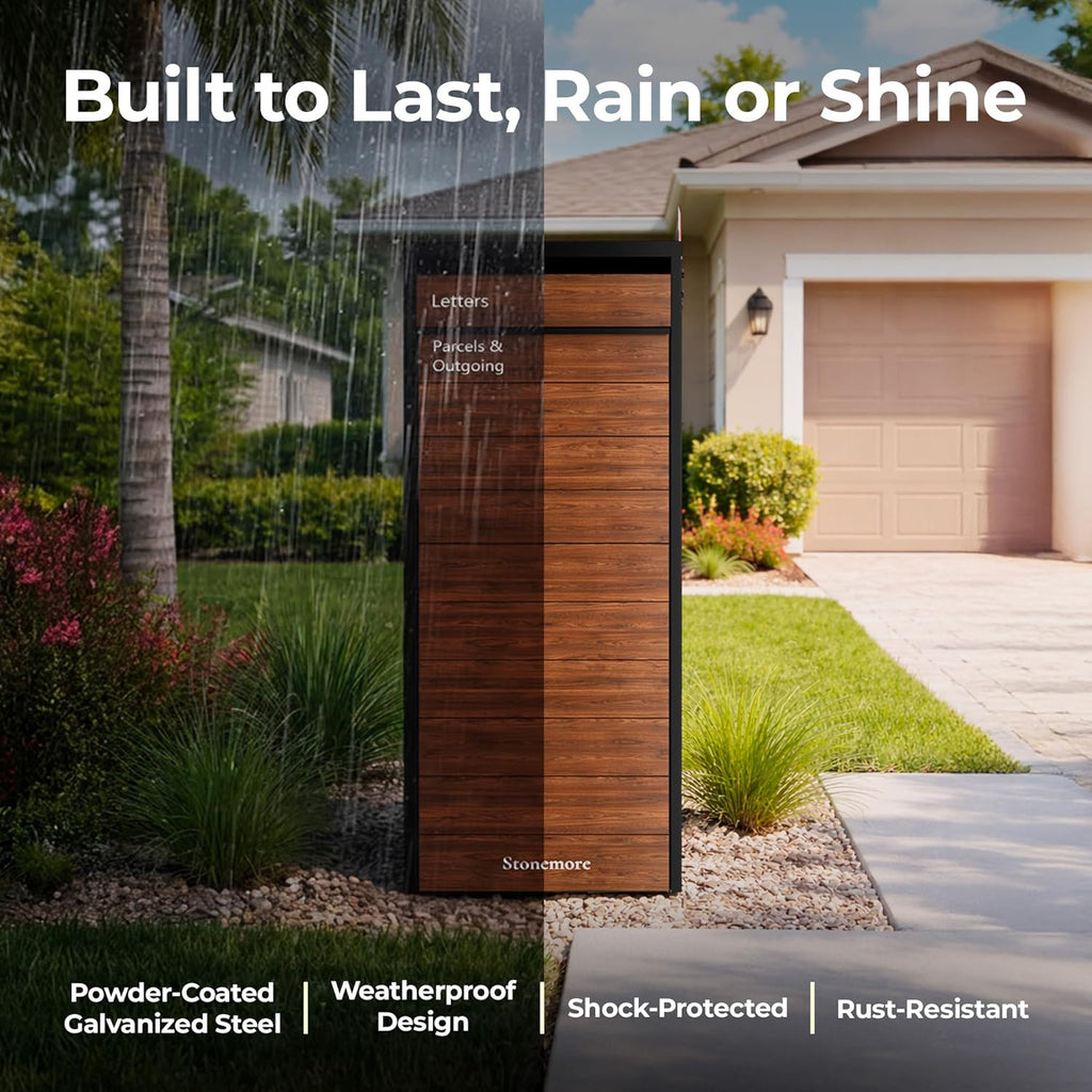 Cali USPS Compatible Mailbox, Classic Black/Oak Package Mailbox, Anti-Theft Locking Parcel Drop Box Or Curbside