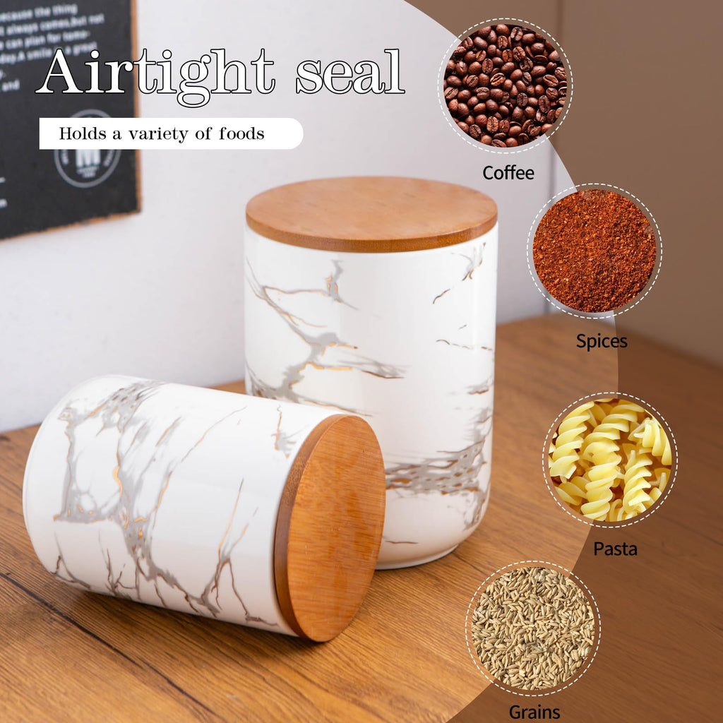 White Marble Ceramic Canister with Bamboo Lid, 3-Piece Airtight Jars