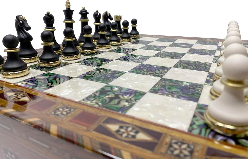 16.5 Inches Large Chess Set - Luxury Chess Pieces with 2 Extra Queens and Wooden Chess Board with Mosaic Details