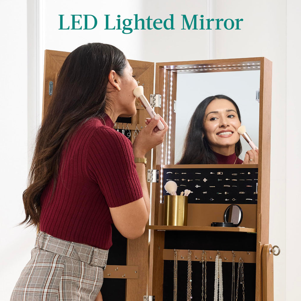 360 Swivel Mirrored Jewelry Cabinet, Standing Armoire, Makeup Storage Organizer, w/LED-lit Mirror, 3 Shelves - Rustic