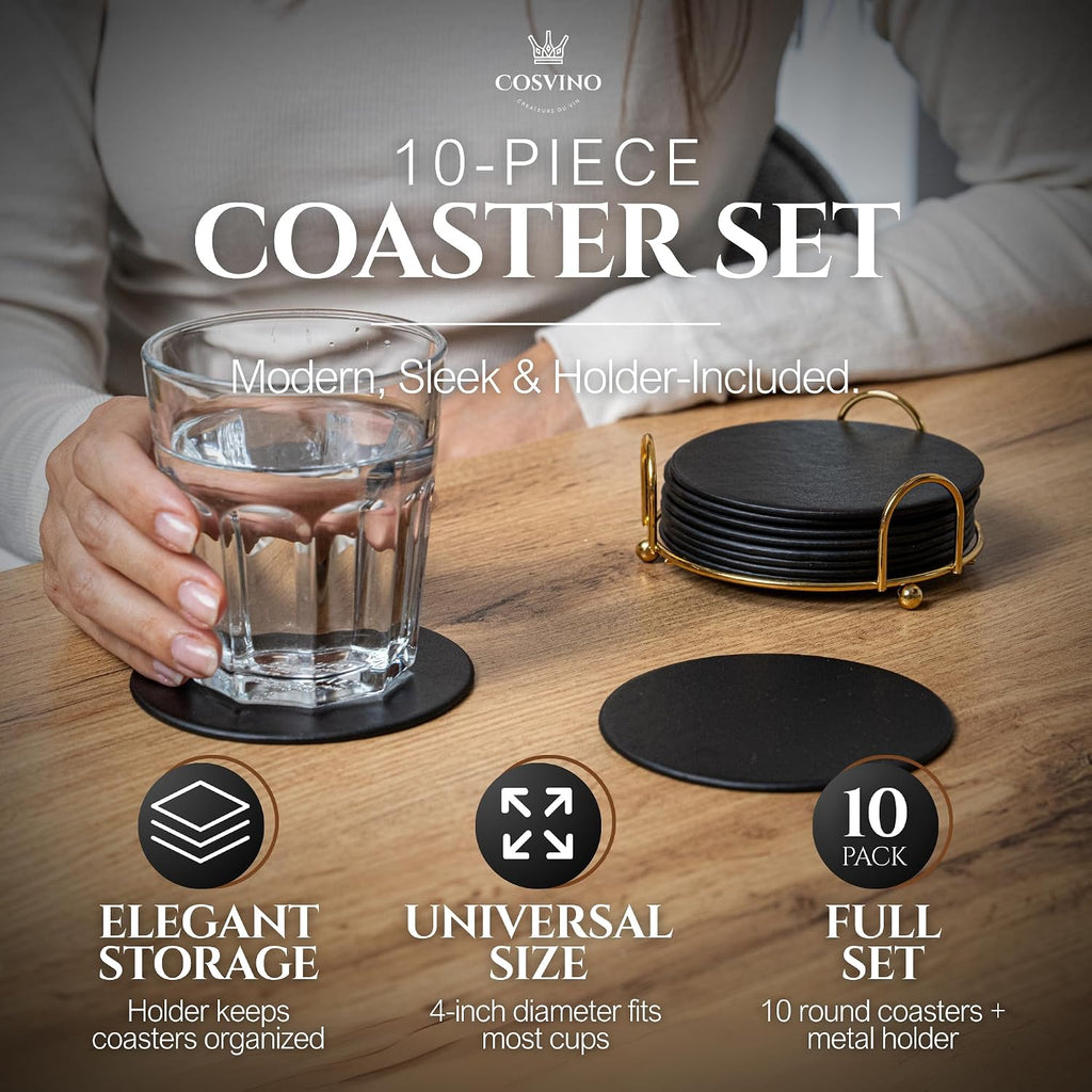Premium Coasters Round Coasters - Gold Metal Holder - Italian Design - Tuxedo Black - Set of 10